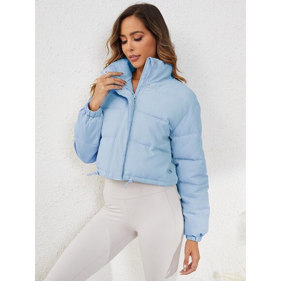 Women's Cropped Puffer Jacket Long Sleeve Puffy Coat Stand Collar Zip UP Blue - Picture 3 of 6